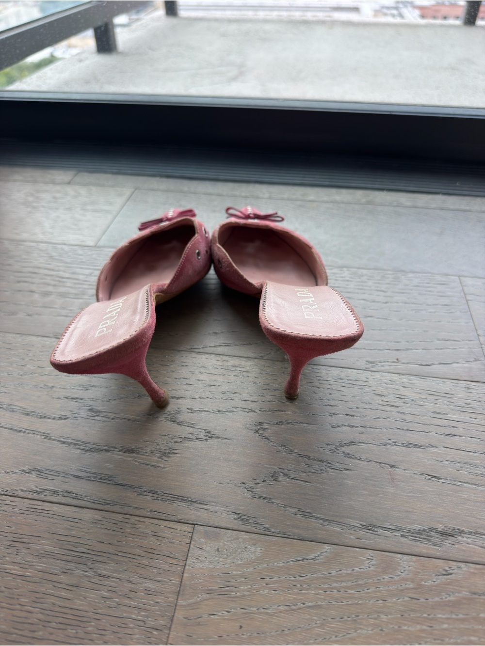 Prada Pink Suede Pointed-Toe Mule with Grommet & Bow Detail - Picture 3 of 4